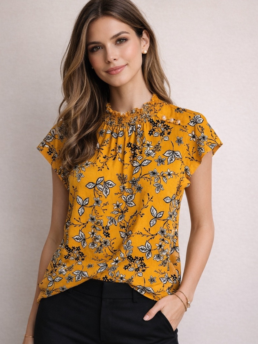 Adrienne Vittadini Gold Ruffled Blouse with Black and White Floral Design